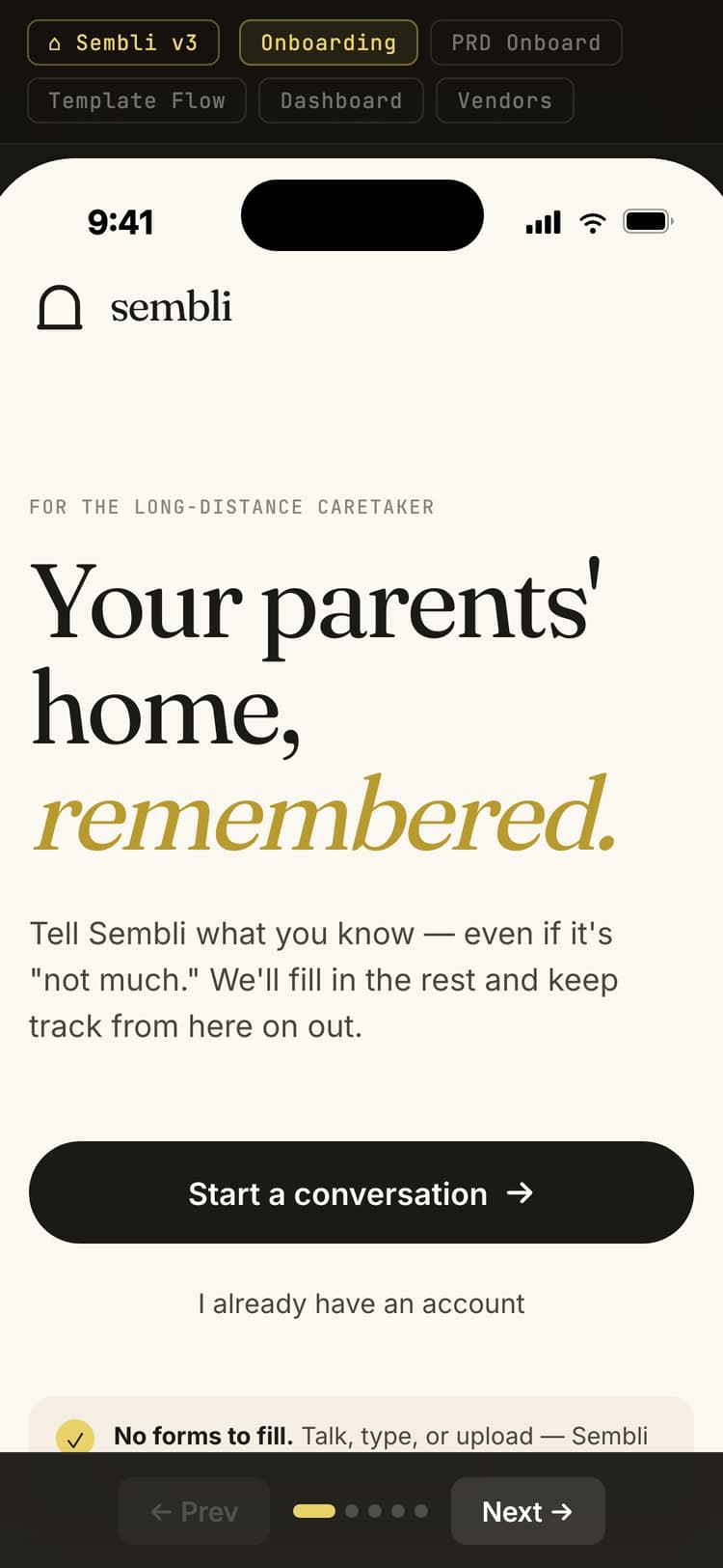 Sembli onboarding — chat-first intake screen