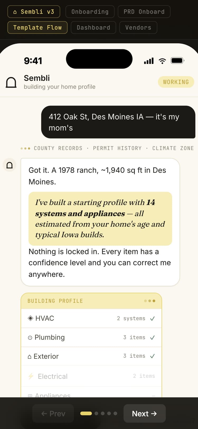 Sembli template flow — building live